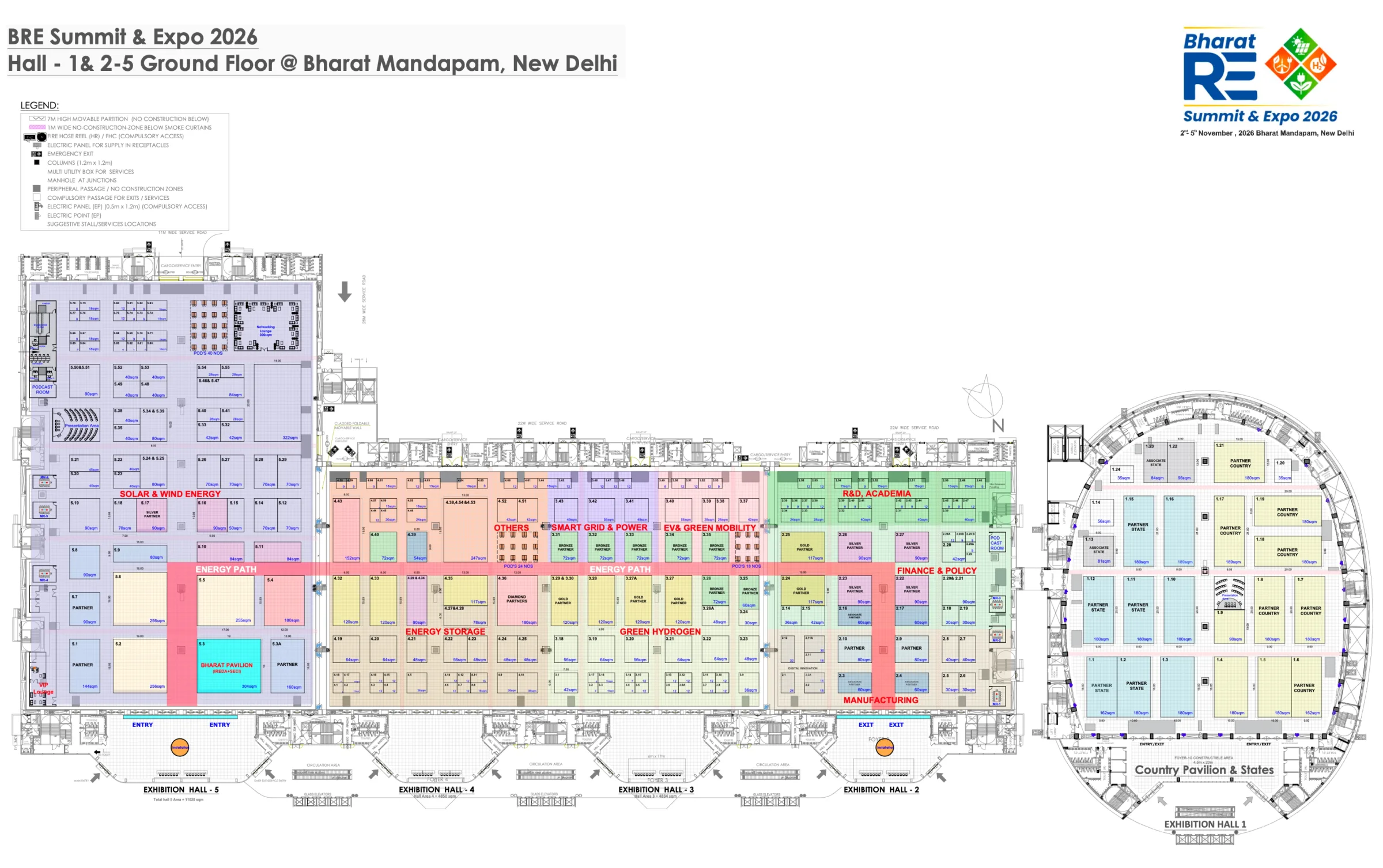 BRE Summit & Expo 2026 floor plan: exhibition halls 1 to 5 on the ground floor at Bharat Mandapam, New Delhi, showing the solar and wind energy, energy storage, green hydrogen, smart grid and power, EVs and green mobility, manufacturing, R&D and academia, and finance and policy zones, with the country pavilion and states area.